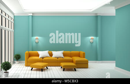 Chambre Luxury - canapé jaune sur la paroi intérieure de la monnaie moderne .3D Rendering Banque D'Images