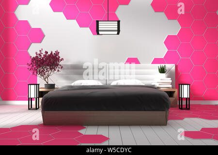 Conception de chambre à coucher moderne blanc carreaux hexagonaux rose - style Zen .le rendu 3D Banque D'Images