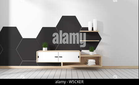 Meuble de télé dans la chambre hexagone noir tile designs minimal, style zen. Le rendu 3D Banque D'Images