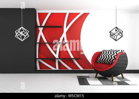 Graphique rouge wall background, avec fauteuil rouge et de tapis et lampes de style moderne . Le rendu 3D Banque D'Images