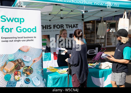 Sydney, Australie, plages du nord campagne du conseil d'encourager les entreprises à remplacer remplacer les plastiques à usage unique, Australie Banque D'Images