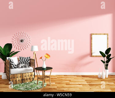 Design tropical, fauteuil,plant,cabinet le plancher de bois et fond rose.3 d rendering Banque D'Images
