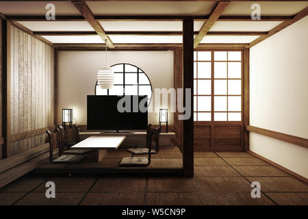 Plus beau design interior design,salle de séjour avec Tv, fauteuil,sol en tatami et mur blanc dans la chambre de style japonais. Le rendu 3D Banque D'Images