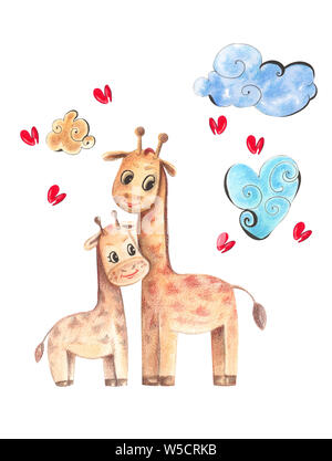 Illustration du caractère animal aquarelle couleur maman girafe et fils, au milieu de palmiers, sur fond blanc fond isolé. Banque D'Images