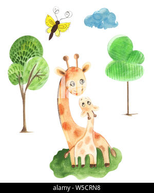 Illustration du caractère animal aquarelle couleur maman girafe et fils, au milieu de palmiers, sur fond blanc fond isolé. Banque D'Images