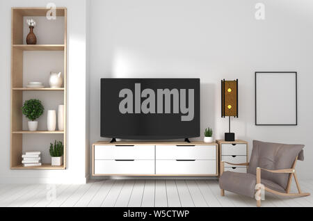 Meuble de télé sur le plancher en bois blanc et mur blanc, minimaliste et zen intérieur de style japonais de salon.3d rendering Banque D'Images