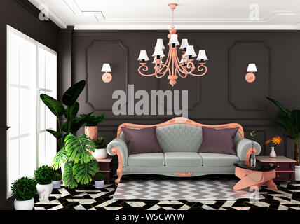 Vivre de l'intérieur, la décoration de style classique de luxe mur brun sur les tuiles de granit, 3D Rendering Banque D'Images