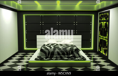 Sci-fi concept bed room interior style moderne - feu vert. Le rendu 3D Banque D'Images