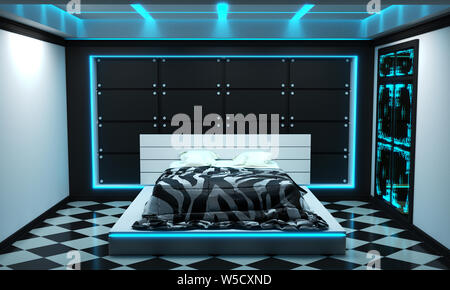 Sci-fi concept bed room interior style moderne. Le rendu 3D Banque D'Images