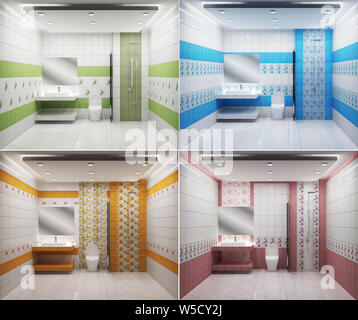 Salle de bains lumineuse carreaux Design rose vert bleu et jaune, de style moderne et colorée. Le rendu 3D Banque D'Images