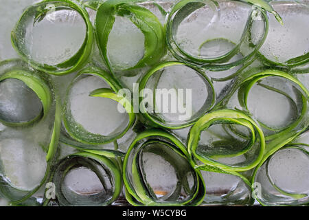 Contexte et la peau douce de szucchini dans ice cube avec des bulles d'air Banque D'Images