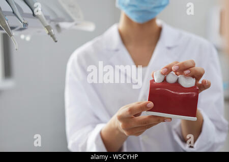 Libre female dentist holding tooth modèle tandis que patient dans un centre de consultation, copy space Banque D'Images