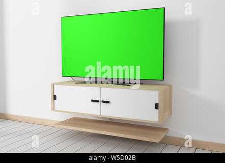 Maquette Smart TV avec écran vert blanc en blanc moderne salle vide minimal intérieur designs. Le rendu 3D Banque D'Images