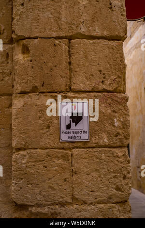 La ville de Mdina, Malte - 20 juillet, 2019. Scène de rue de Mdina, Malte - La ville silencieuse Banque D'Images