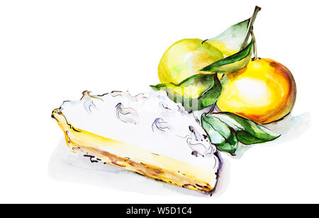 Illustration à l'aquarelle de la tranche tranche d'orange ou abricot tarte, morceau de gâteau aux fruits, isolé sur fond blanc Banque D'Images