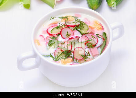 Okroshka. Soupe de yaourt avec des radis, concombre et aneth Banque D'Images
