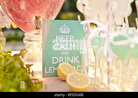 Libre d'un grand nombre de bouteilles vides pour limonade ou un cocktail avec une paille et une feuille verte et une affiche qui dit garder son calme et de boire de la limonade, s Banque D'Images