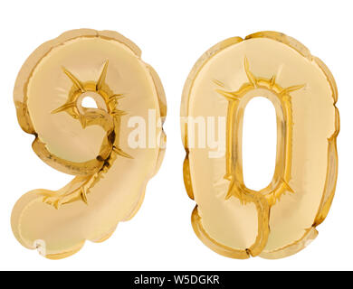 Numéro 90, 90, couleur d'or ballons d'hélium isolé sur fond blanc. Couleur d'or. Banque D'Images