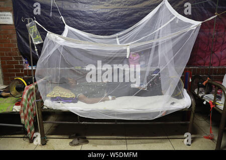 Dhaka, Bangladesh. 28 juillet 2019. Un homme recouvert d'une moustiquaire souffre de fièvre dengue qu'il reçoit le traitement dans le 'Shaheed Suhrawardy' collègue médical hôpital de Dhaka, Bangladesh, le 28 juillet 2019. La dengue a pris un virage sévère cette année avec un total de 10 528 personnes infectées avec la maladie transmise par les moustiques jusqu'à présent. C'est le nombre record de patients sont infectés par la maladie au cours des 18 dernières années au Bangladesh, selon les données de la Direction générale de la santé publique. Credit : ZUMA Press, Inc./Alamy Live News Banque D'Images