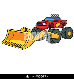Monster truck rouge pelle avec godet jaune Banque D'Images