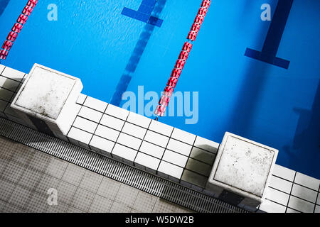 Portrait de piscine de taille olympique avec les plates-formes de départ et lane corde high angle view pas de personnes Banque D'Images