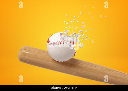 Close-up 3d rendering de batte en bois blanc frapper au baseball et à l'origine pour qu'il commence à casser en morceaux sur fond orange. Banque D'Images