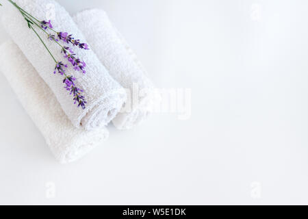 Livre blanc des serviettes propres et des fleurs de lavande sur fond blanc isolé. Banque D'Images