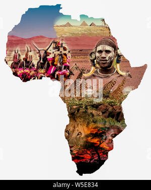 Amélioration de l'image numérique d'un collage de l'Afrique Carte avec des images de personnes, de la faune et les paysages Banque D'Images