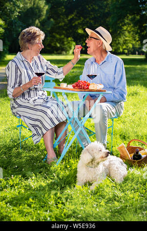 Heureux couple flirting. Man positive ouvre sa bouche et sa vieille amie est nourrir avec du blanc tandis que leur chien est d'essence Banque D'Images