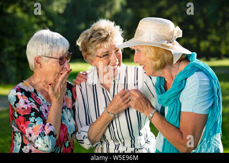 Les membres de la famille des commérages. Trois femmes âgées debout dans le parc, le partage des secrets. Banque D'Images