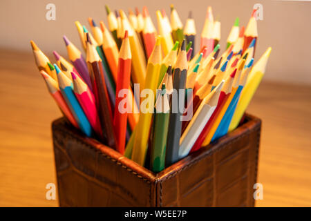 Gamme de crayons de couleur aiguisé debout dans une boîte recouverte de cuir - close up Banque D'Images
