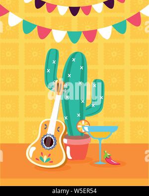 Cocktail cactus guitare célébration décoration viva mexico Illustration de Vecteur