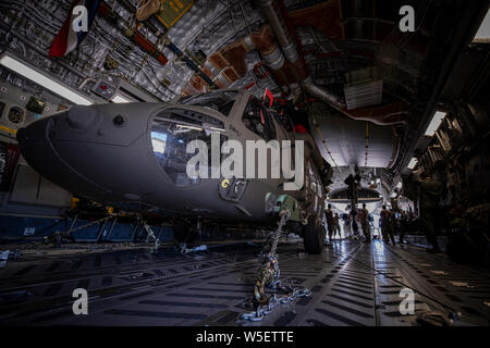 Les soldats de l'armée américaine avec le Texas Army National Guard's 3-238ème bataillon de l'aviation et des aviateurs de l'US Air Force à partir de la 821e groupe d'intervention d'urgence déplacer un UH-60 Black Hawk pour le transport sur une C-17 Globemaster III au cours de Northern Strike 19 au centre de formation de préparation au combat de Alpena, Michigan, le 28 juillet 2019. 19 Northern Strike est une Garde nationale parrainée par le Bureau de l'exercice réunissant les membres en service de plus de 20 États, plusieurs branches de services et de nombreux pays de la coalition au cours des deux dernières semaines de juillet 2019 au Camp d'entraînement aux Manœuvres conjointes de l'ombre et le Centre Al Banque D'Images