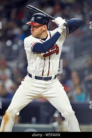 Atlanta, GA, USA. 12 Juin, 2019. Le joueur de premier but des Atlanta Braves Freddie Freeman au bâton au cours de la huitième manche de la MLB match contre les Pirates de Pittsburgh à la SunTrust Park à Atlanta, GA. McAfee Austin/CSM/Alamy Live News Banque D'Images