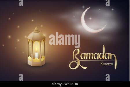Ramadan Kareem salutations avec fanus dans un sombre arrière-plan lumineux. Illustration de Vecteur