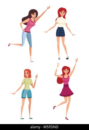 Jeu de happy woman in casual clothes avec bras levés cartoon character design télévision vector illustration isolé sur fond blanc. Illustration de Vecteur