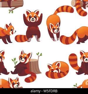 Profil de Seamless mignon adorable panda rouge dans différentes poses design dessin animé personnage animal vecteur illustration style plat sur fond blanc. Illustration de Vecteur