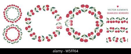 Cherry. Ensemble de brosses horizontales sans fin isolé sur un fond blanc. Vector frontière perméable avec mignon de cerise rouge et de feuilles vertes. Positif Illustration de Vecteur