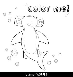 Jeu pour Enfants. Contours requin marteau. Page à colorier. Requin-marteau noir et blanc personnage. Vector illustration isolé sur blanc retour Illustration de Vecteur