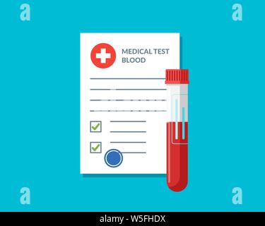 Liste des flacons de test sanguin et des formulaires de laboratoire médical avec données de résultats et illustration du vecteur de coche approuvé. Liste de contrôle d'examen clinique à plat avec les résultats. Concept de service de médecine Illustration de Vecteur