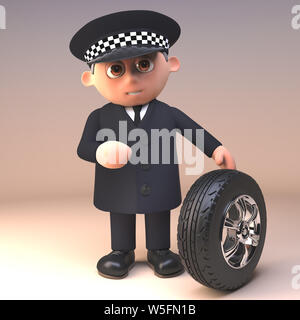 Agent de police policier grave caractère est de vérifier la profondeur des sculptures d'un pneu de voiture, illustration 3D render Banque D'Images