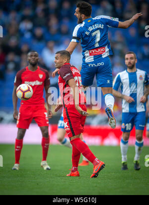 Borja Iglesias du RCD Espanyol, droite, défis Gabriel Mercado de FC Séville durant leur 28e match de la saison 2018-2019 de la Liga à RCDE Banque D'Images