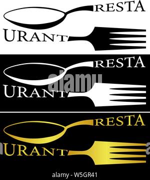 Logo restaurant minimaliste avec une cuillère d'or et la fourche en différentes versions Illustration de Vecteur