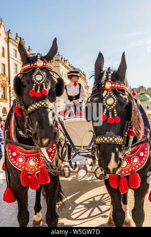 La calèche sur la place principale, Rynek Glowny, dans la vieille ville médiévale, site du patrimoine mondial de l'UNESCO, Cracovie, Pologne, Europe Banque D'Images