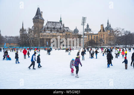 Patinoire en plein air de Budapest avec Varosliget Château Vajdahunyad dans l'arrière-plan, Budapest, Hongrie, Europe Banque D'Images