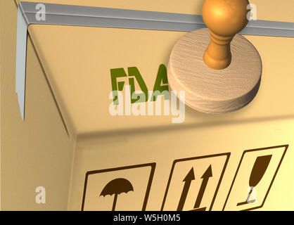 3D illustration de FDA stamp titre sur un carton qui contient du matériel de sécurité Banque D'Images