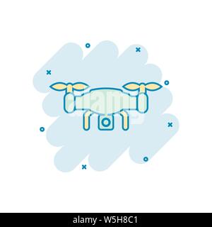 Drone quadrocopter icône dans le style comique. Cartoon vector caméra Quadcopter illustration sur fond blanc isolé. Vol en hélicoptère au concept d'entreprise Illustration de Vecteur