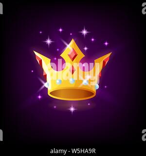 Couronne en or avec des pierres précieuses et pétille, slot icône sur fond violet foncé, casino concept, vector illustration. Illustration de Vecteur