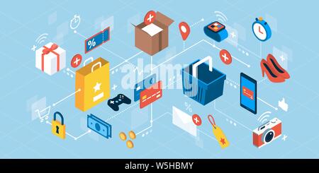 Achats en ligne, e-paiements et livraison express ; réseau de concepts vecteur isométrique Illustration de Vecteur