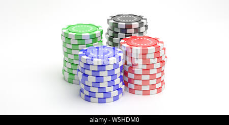 Concept de Casino. Les piles de jetons de poker isolé sur fond blanc. 3d illustration Banque D'Images